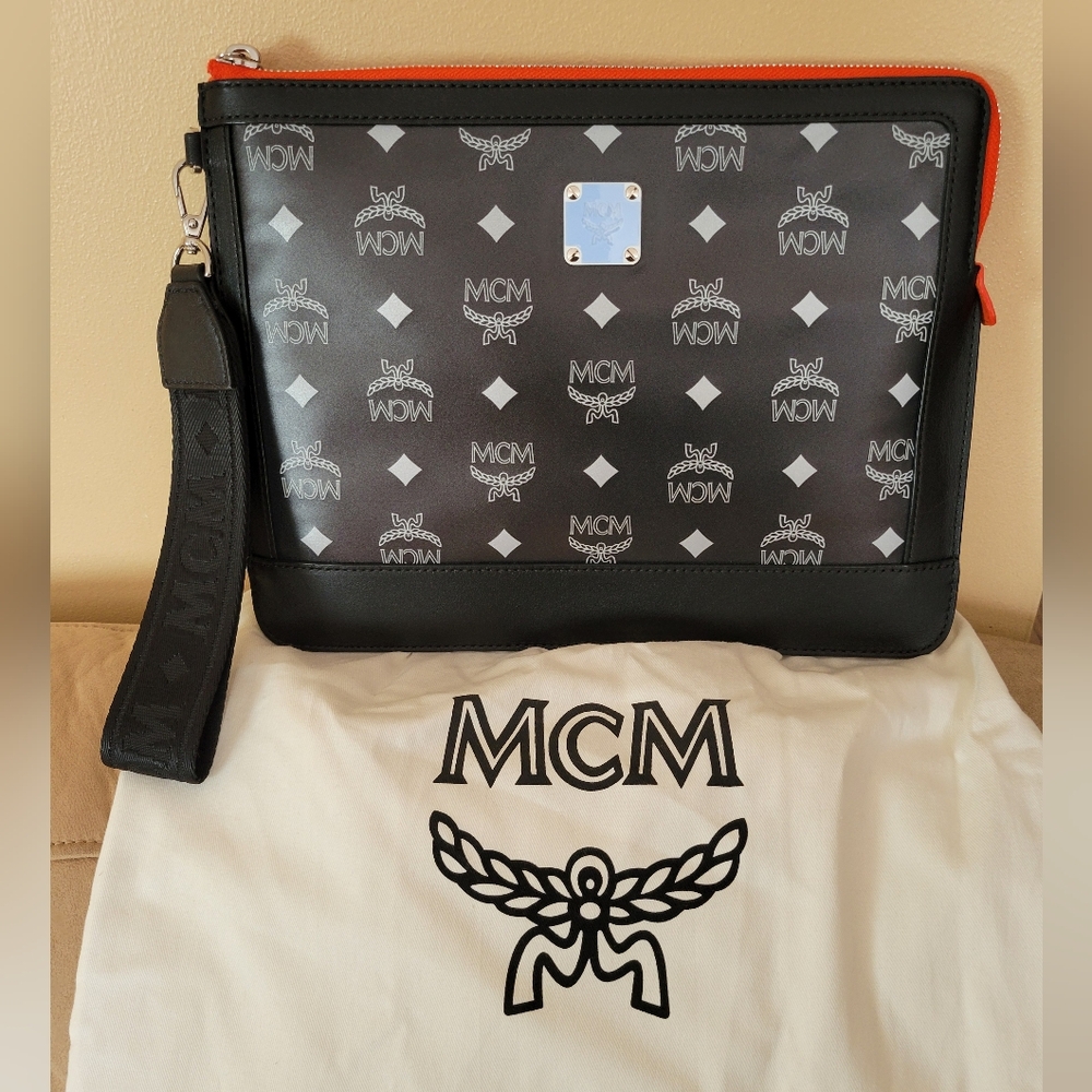 MCM Black Orange Medium GALAXY Visetos Wristlet